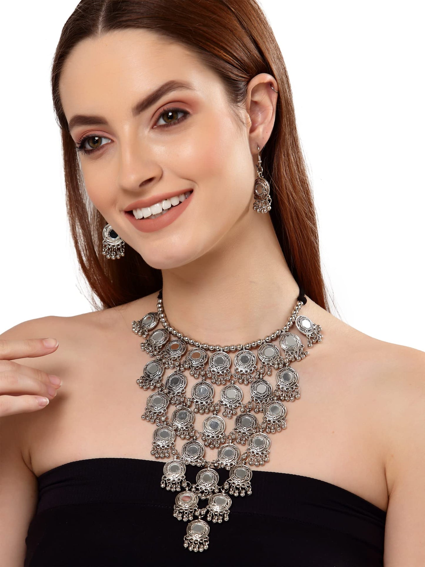 Shining Diva Fashion Latest Stylish Traditional Oxidised Silver Necklace Jewellery Set for Women (13115s)