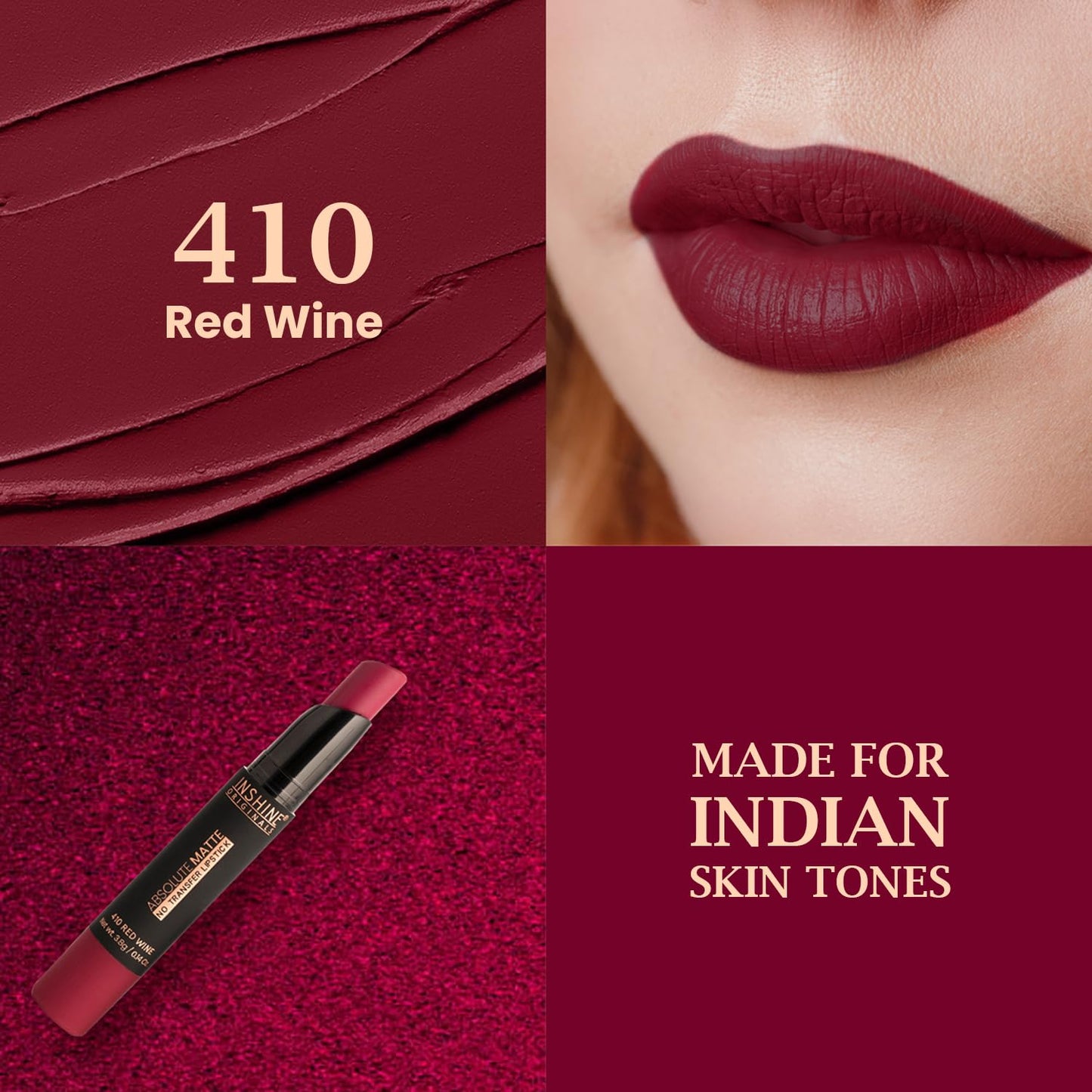 INSHINE Absolute Matte Lipstick - Long-lasting, Transfer-resistant, Velvety Matte Finish with Intense Color, Up to 12 Hours Wear | Perfect for Sophisticated Lips - RED WINE