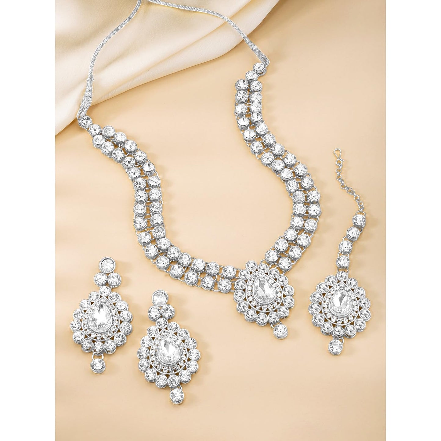 Peora Silver Plated Crystal Studded Necklace Earrings Maangtikka Set Contemporary Jewellery for Women