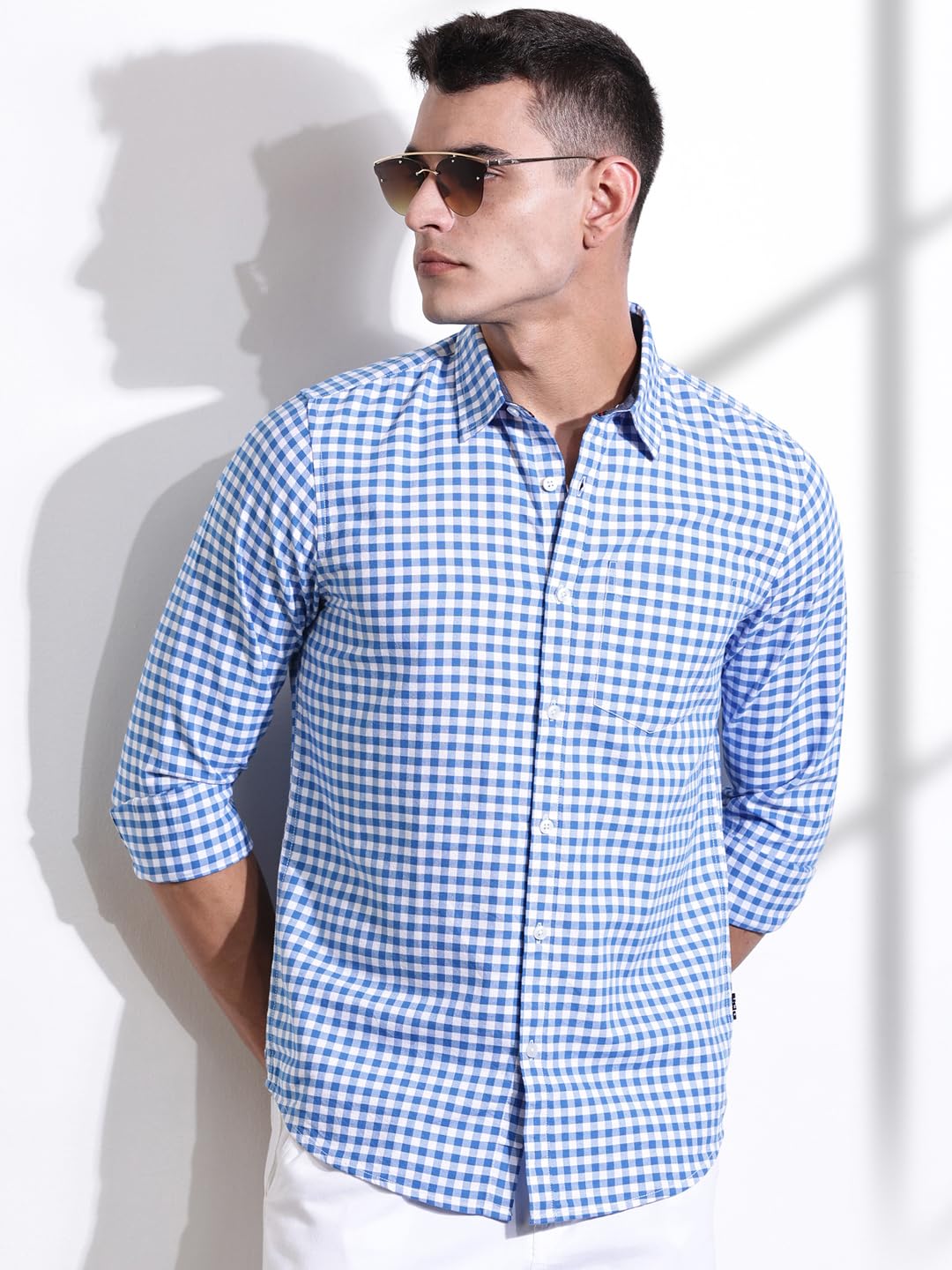 Thomas Scott Men | Long Sleeves | Gingham Checks | 100% Cotton | Spread Collar | Casual Shirt | (Available in Plus Size)(TS1481_Blue_XL)