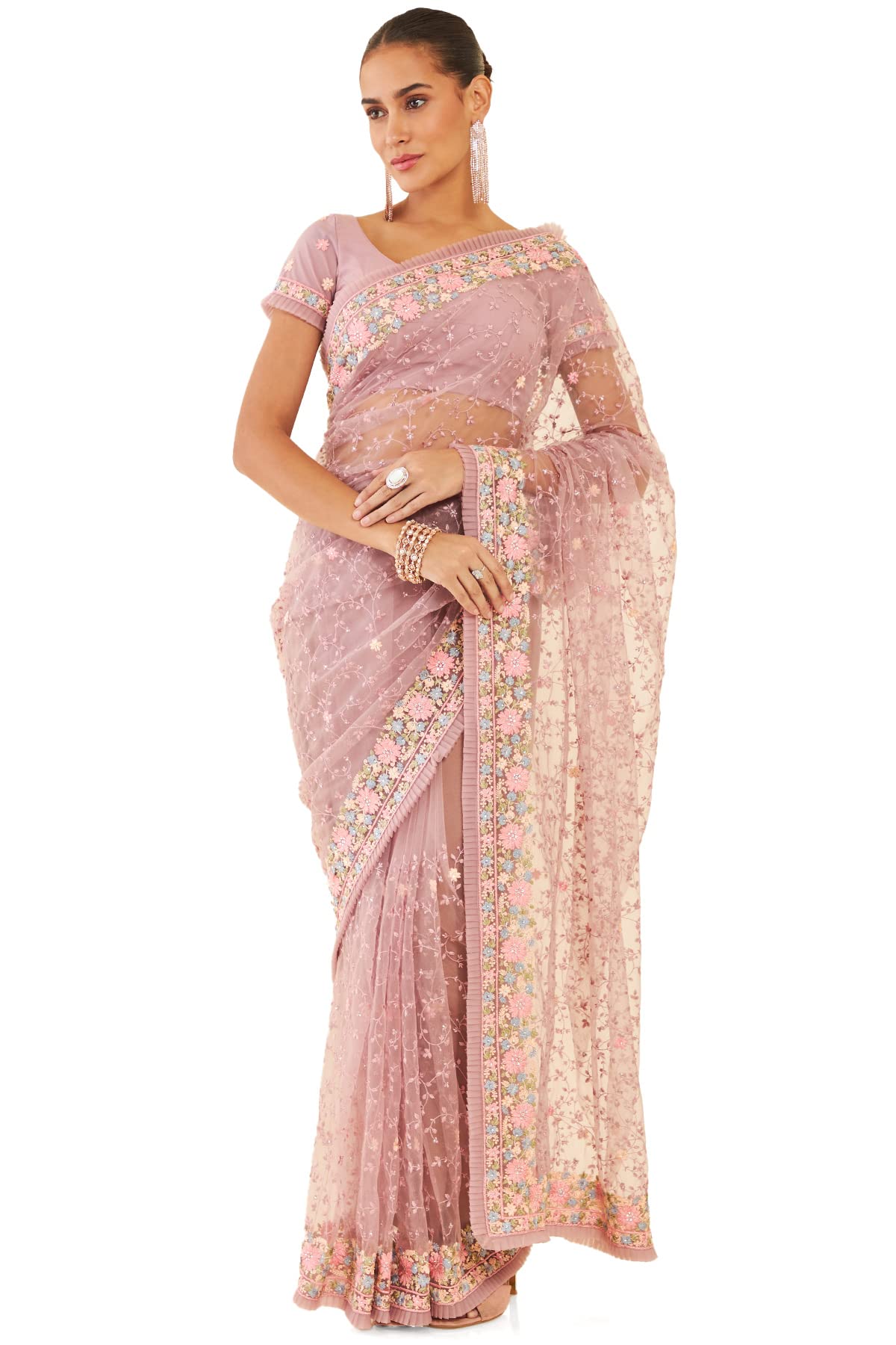 Soch Womens Purple Net Saree With Floral Embroidery