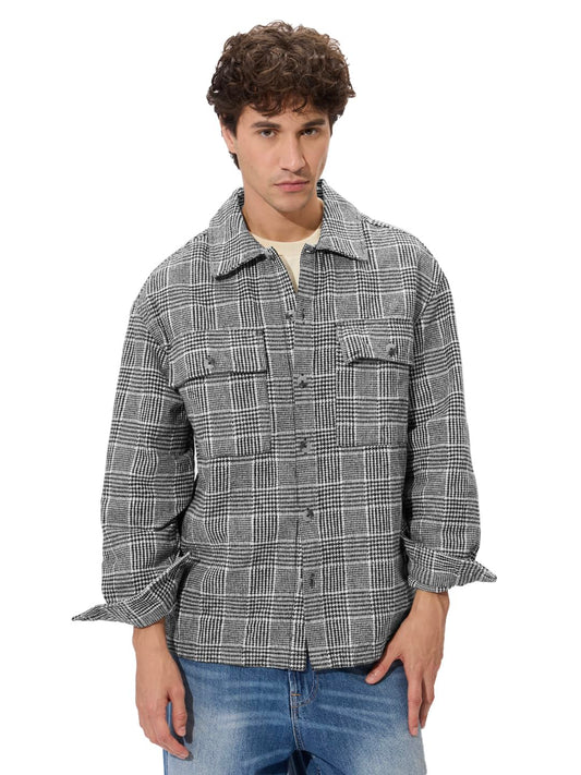 The Souled Store Houndstooth Pattern Men and Boys Long Sleeves Collared Neck Button Front Grey Cotton Oversized Shackets