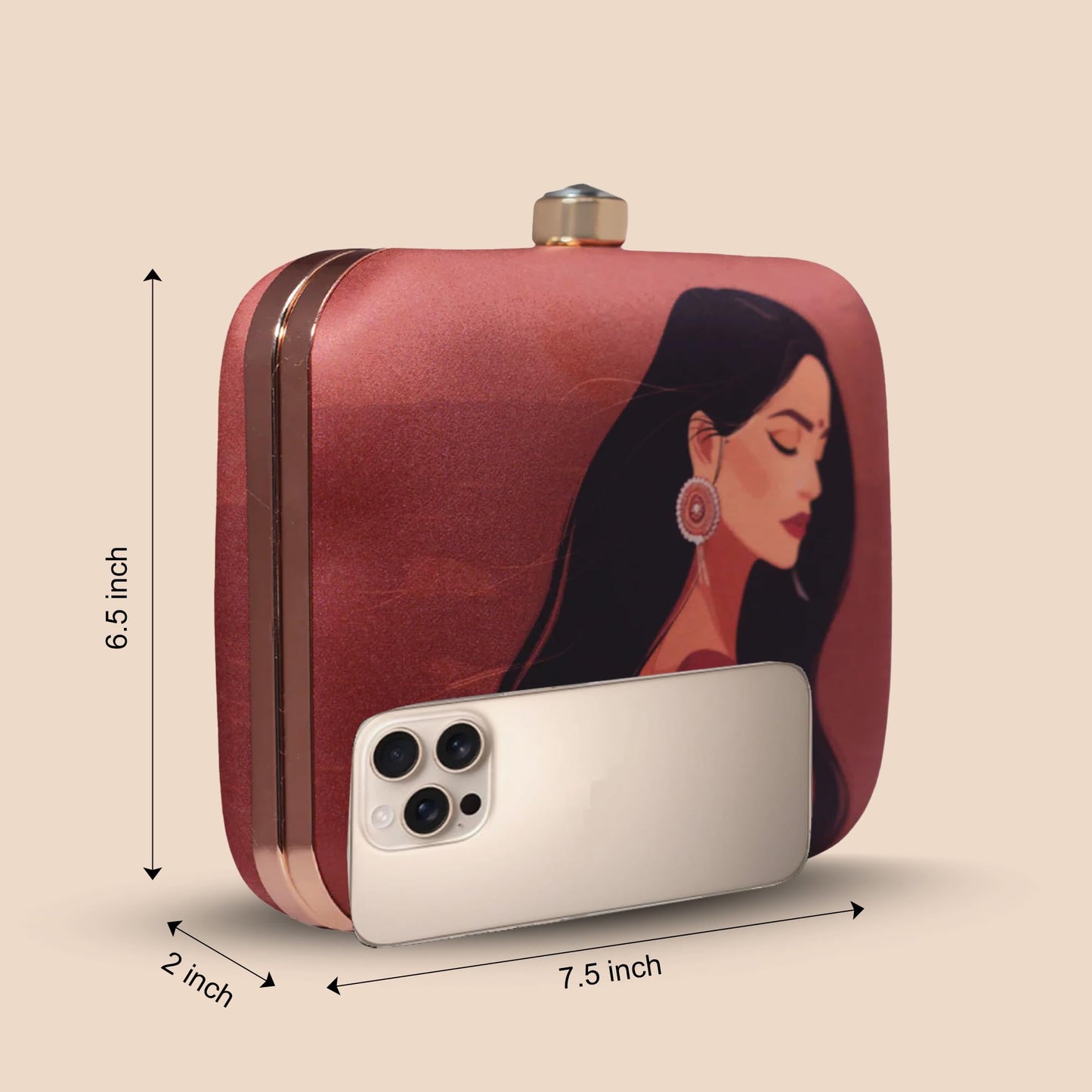 Artklim Brown, Indian Women in Saree Printed Quirky Designer Clutch Purse for Ladies - Funky Sling Bag - Detachable Golden Chain Strap - Box Shape Handbag
