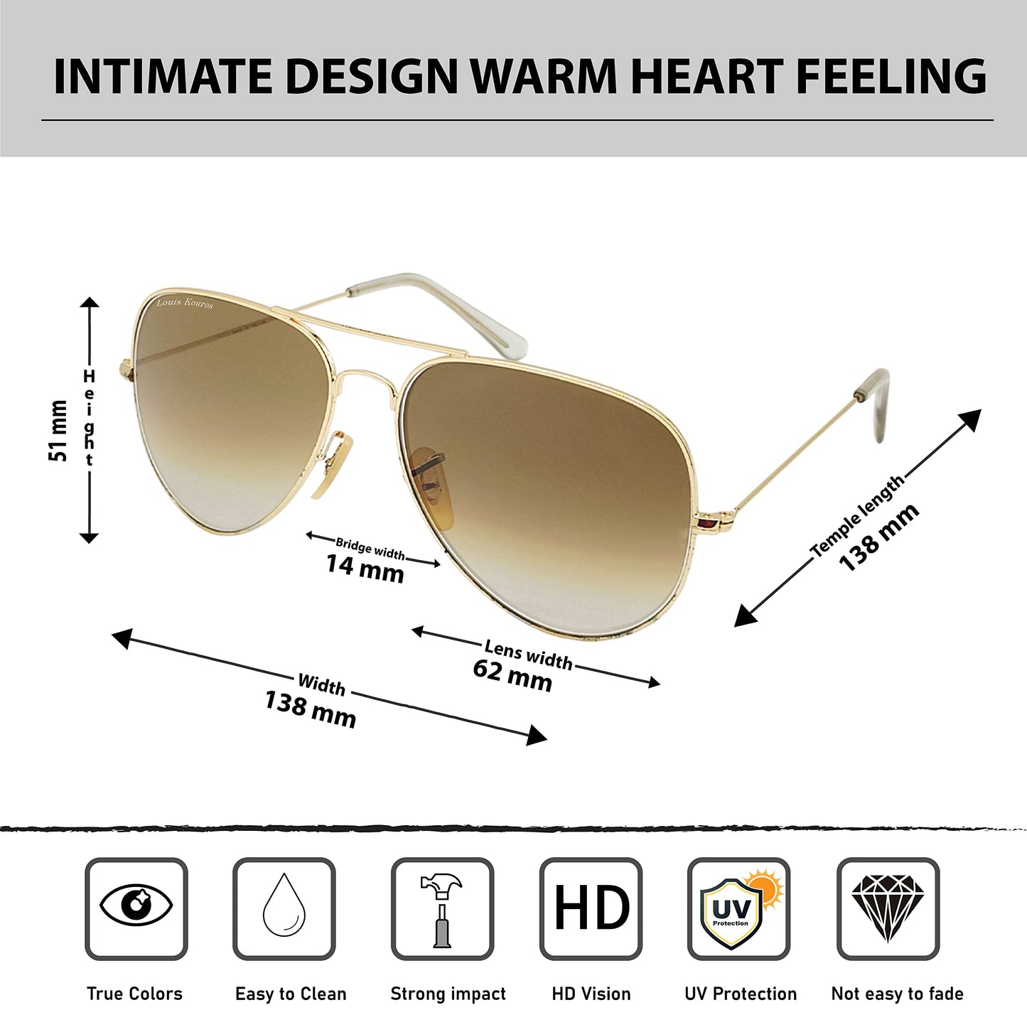Louis Kouros Armstoner Aviator Classic 3026 sunglasses | Gold Frame | Brown Gradient Lens | Mirror Lens | 400 UV Protection | Medium