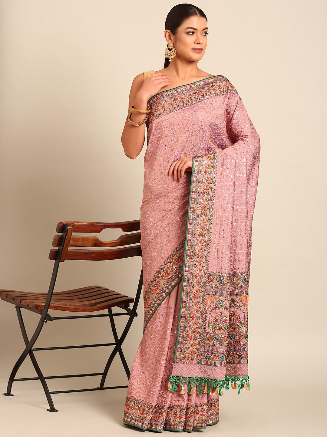 MOHEY Purple Art Silk Embroidery|Stone Work Saree for Women