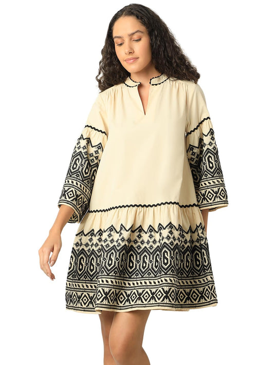 VERO MODA Women Embroidered Yellow Cotton Midi Length Fit and Flare Dress