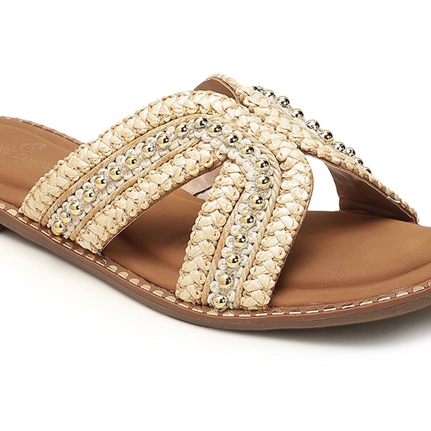 Marc Loire Women Smart Casual Embellished Slip-On Flats | Open Toe Fashion Sandals with Comfortable Sole (Gold, UK Footwear Size System, Adult, Women, Numeric, Medium, 7)