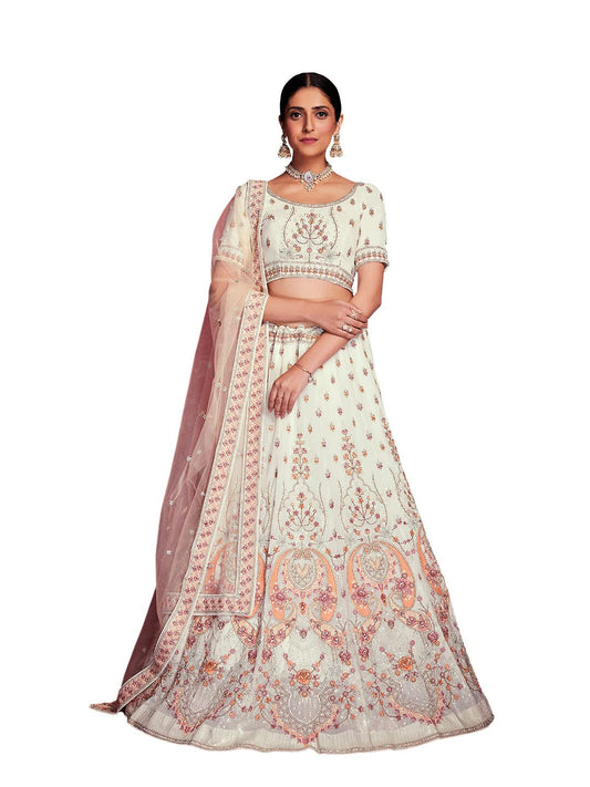 FUSIONIC This outfit is beautifully decorated intricately with sequin and zarkan. The White georgette lehenga will come with matching dupatta and blouse.