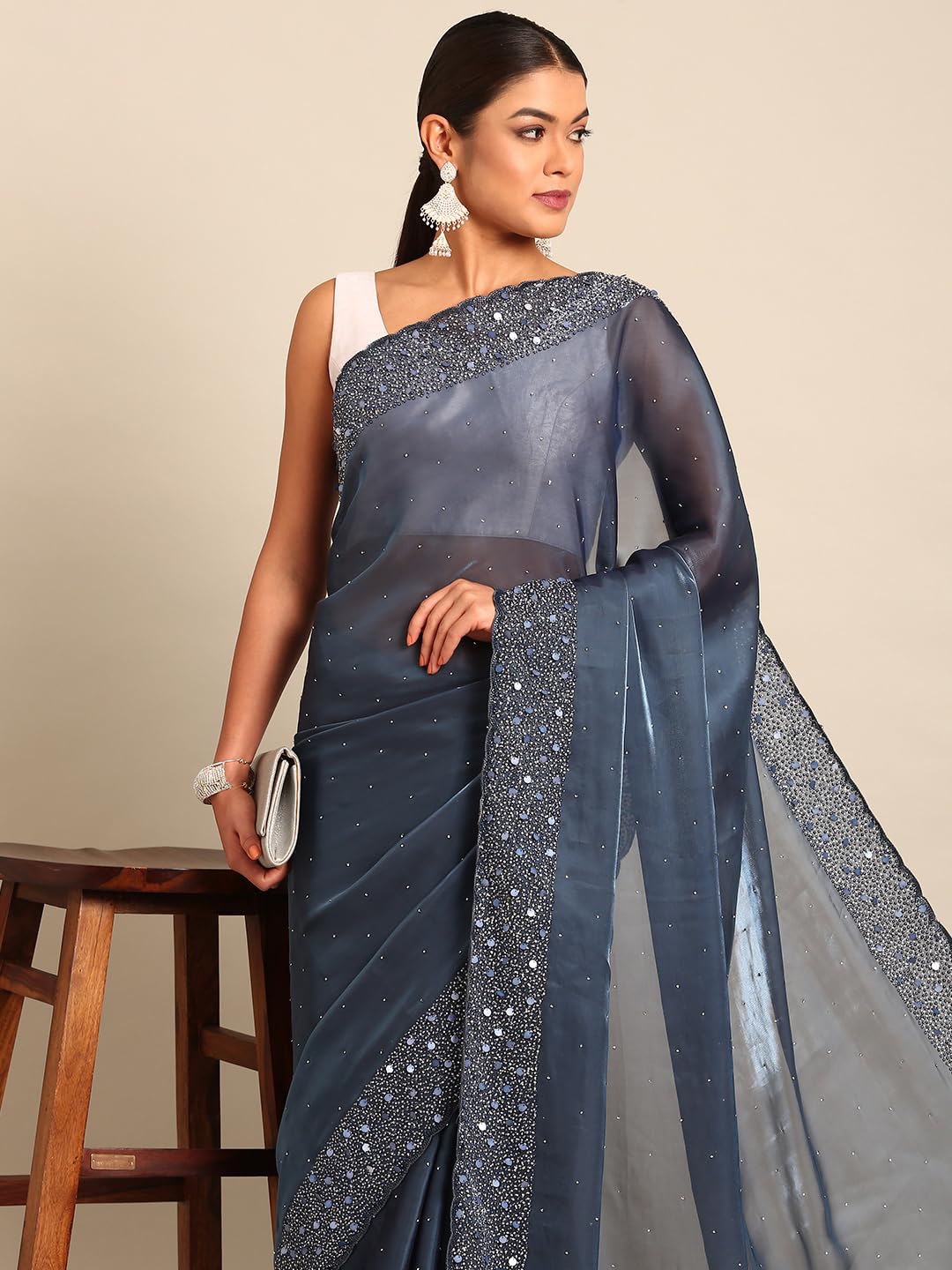 MOHEY Grey Organza Embroidery|Stone Work Saree for Women