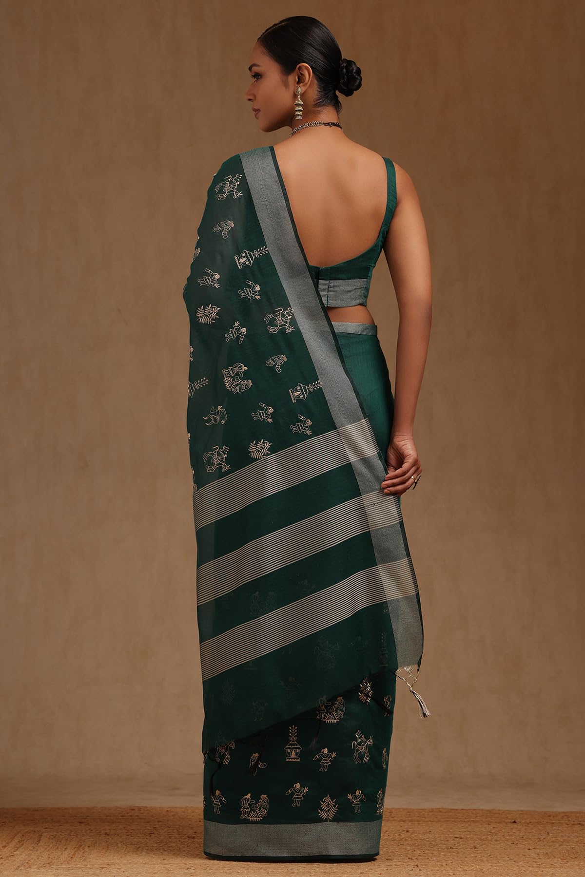Soch Womens Teal Green Chanderi Warli Print Saree With Thread Work