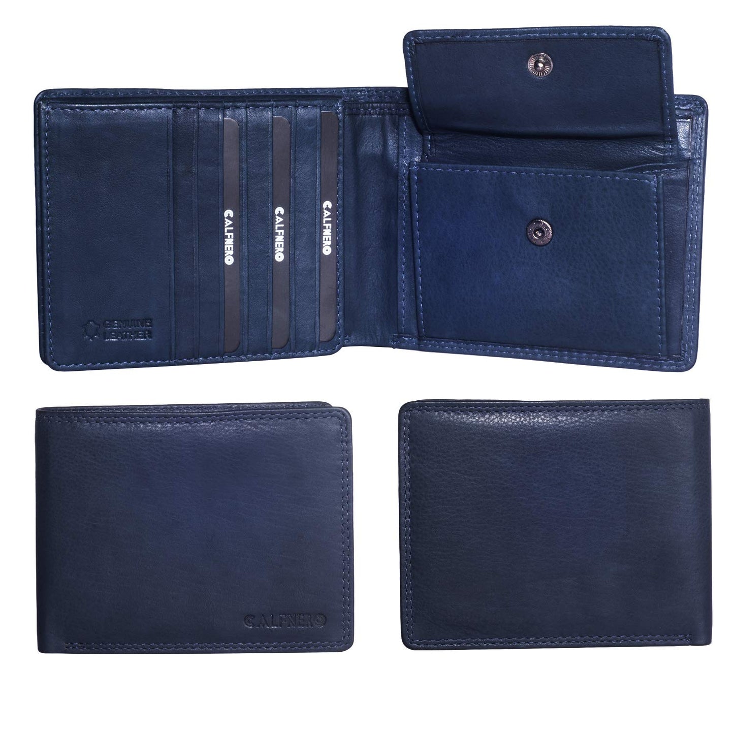 Calfnero Men's Genuine Leather Bifold Wallet-Multiple Card Slots ID Window with Coin Pocket-Navy Leather Wallet