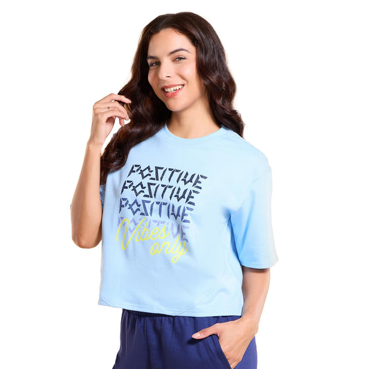 Enamor Women's Letter Print Oversized Fit T-Shirt (E3G4_Blue Bell Positive Vibes Graphic