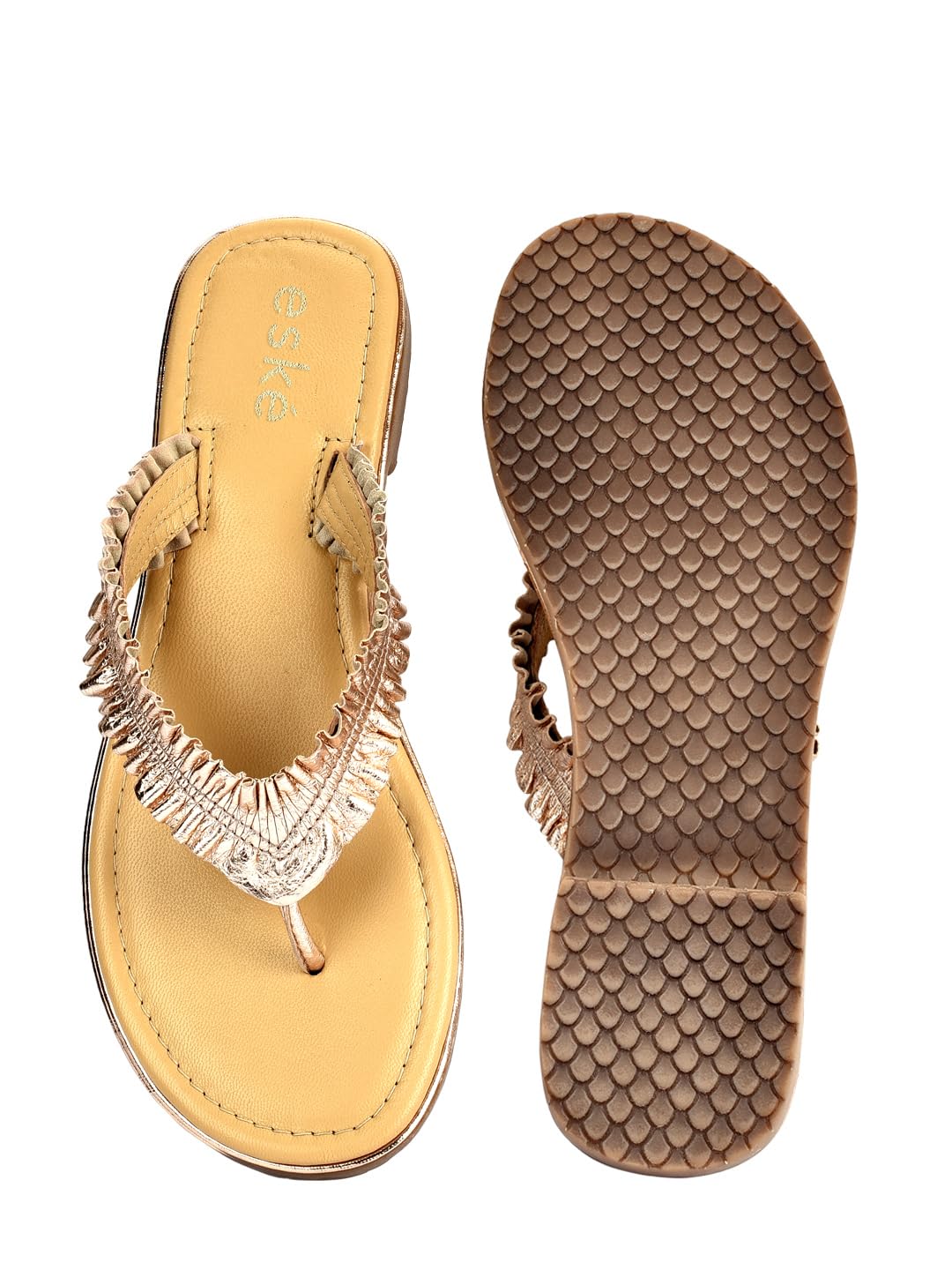 eske Women's Gold Metallic Leather Thong Sandals | Slip-On Flats with Cushioned Leather Insole | Stylish Stitched Strap Design | TPR Sole | Everyday Summer Footwear