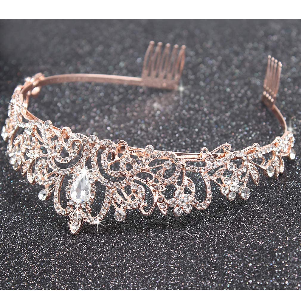 Shining Diva Fashion Crystal Tiara and Crown for Women Stylish Headband Crowns with Comb Tiaras for Girls Kids Queen Princess Wedding Bridal Birthday Gift Hair Accessories (Rose Gold) (rrsd15414hb)