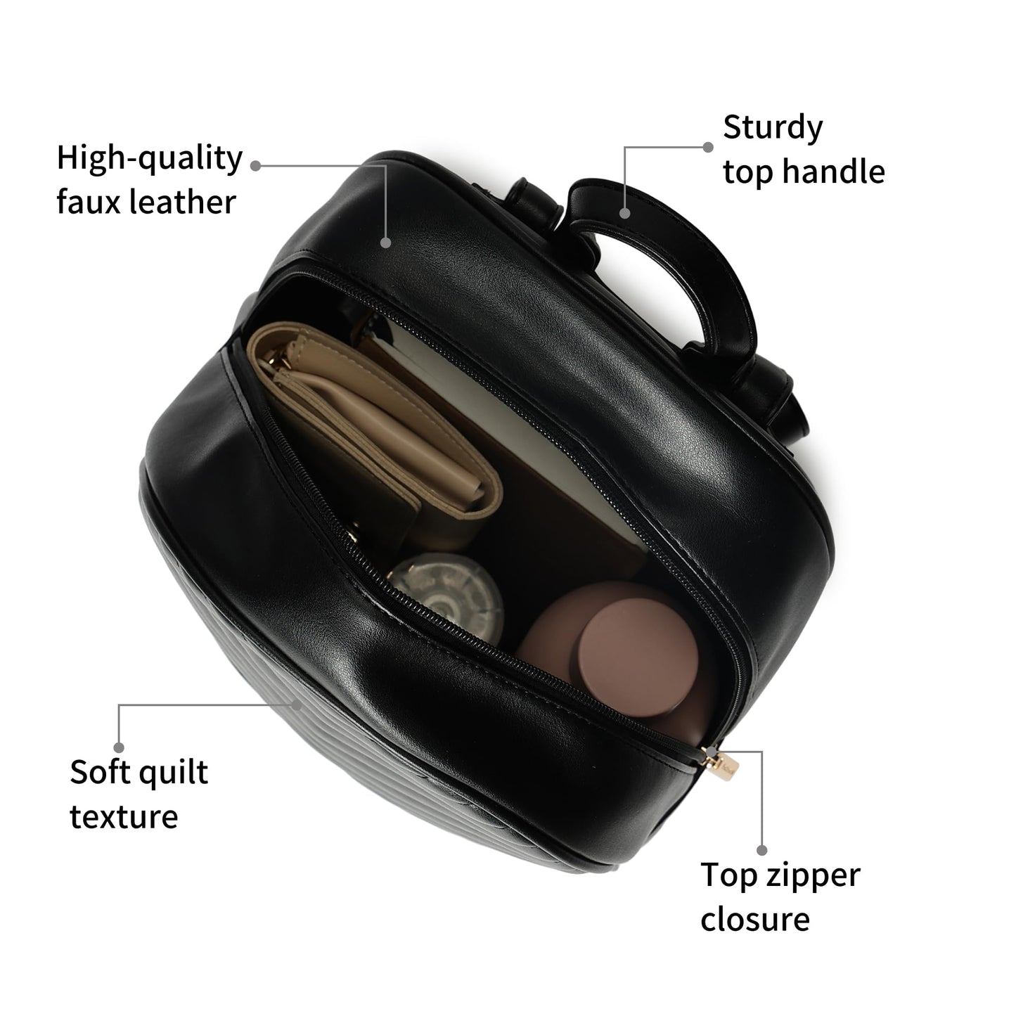 Quilted Faux Leather Backpack for Women | Minimalist Everyday Bag with Zipper Closure, Inner Organizer Pockets & Padded Straps | Stylish Black Backpack for College, Travel & Daily Use
