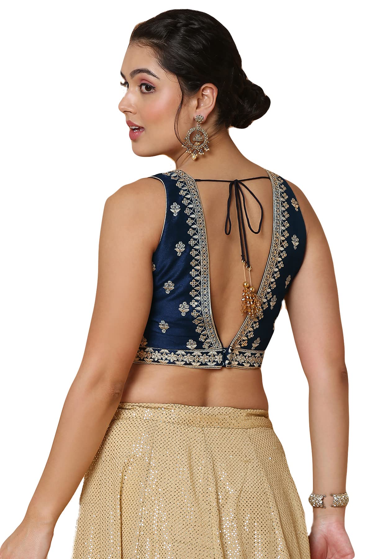 S SALWAR STUDIO Women's Navy Blue Mulbury Silk Readymade Saree Blouse-SSB4530-NVBL