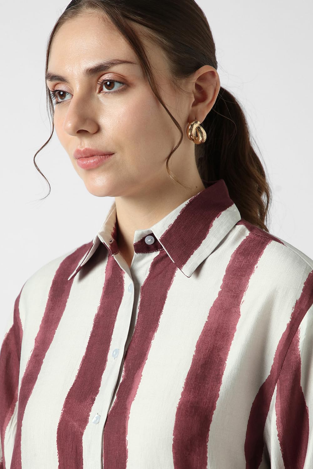 Women Maroon Stripe Long Sleeves Casual Shirt