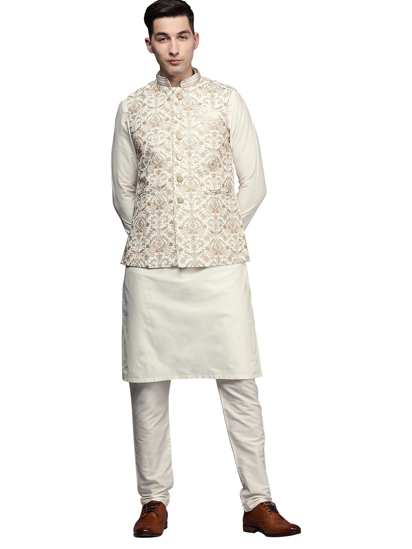 Manyavar Kurta Jacket Set for Men, Full Sleeves Mandarin Collar Ethnic Kurta Jacket Set for Festival, Wedding, Party Blended Viscous (Off White) (M)