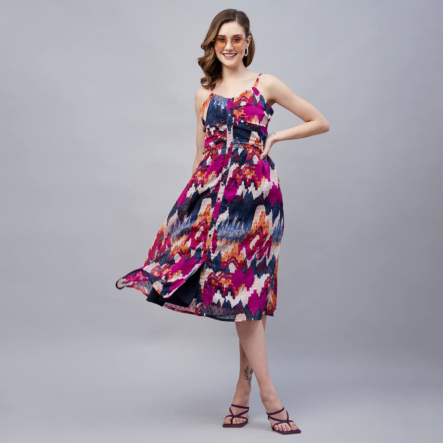 Carlton London Women's Chiffon Fit and Flare Midi Dress (CL659A_Multi_XL) Multicolour