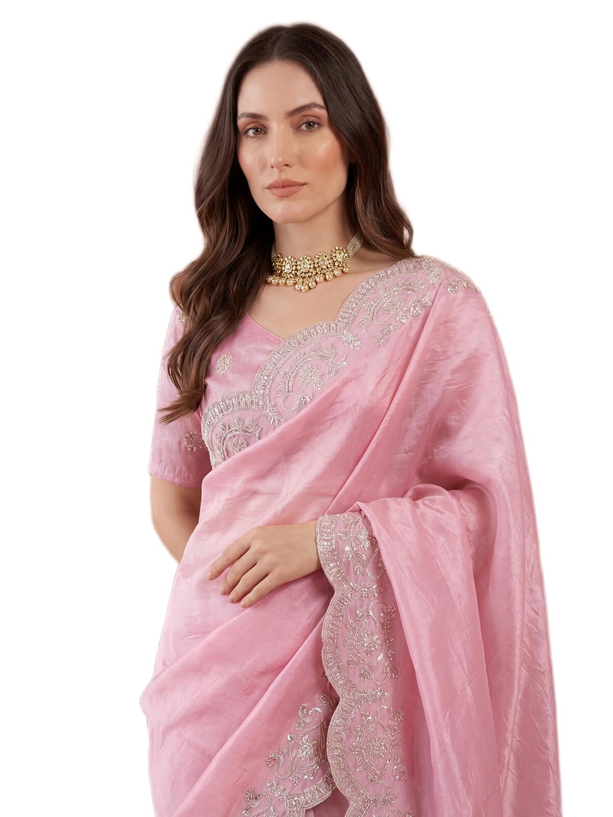 SIRIL Women's Tissue Silk Sequins Embroidery Saree with Unstitched Blouse Piece (4282S6778AA_Rose Pink)