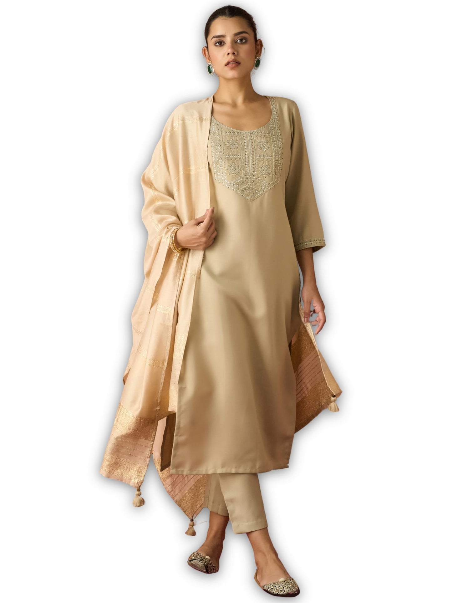 Hritika Cotton Blend Embroidered Kurta with Pants and Dupatta Set | Ethnic Set | Suit Set | Kurta Set | Wedding Suit Set for Women