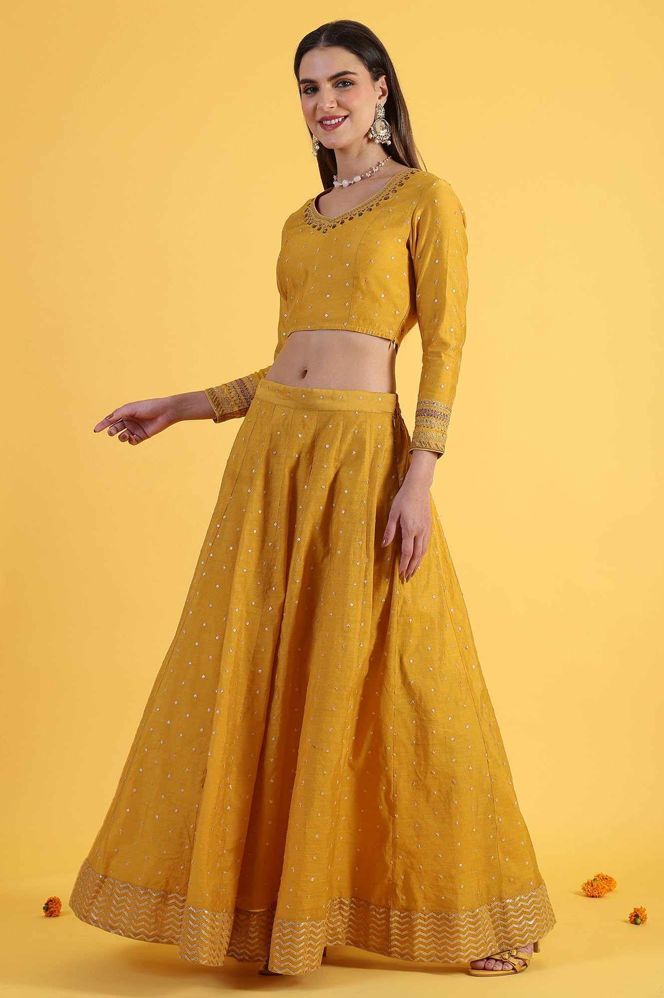 W for Woman Yellow Metallic Embroidery Crop Top & Skirt with Dupatta Set (Size: 3XL)-24AUWS31123-400772