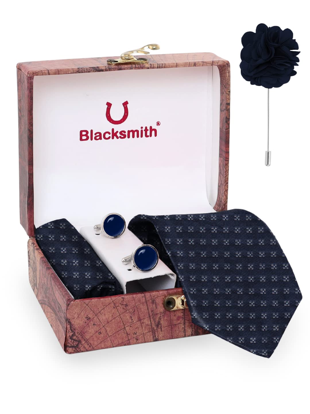 BLACKSMITH Tie, Cufflink, Pocket Square, Lapel Pin, Set of 4 for Men [ Free Size ] (BLFLOWERLOCK-84 SET)
