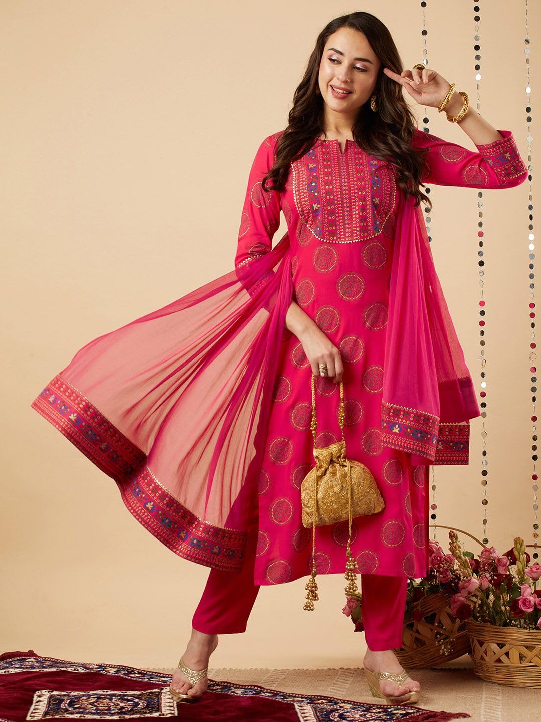 LOVISTA Womens Printed Rayon Straight Kurta Pant and Dupatta Set for Women Ethnic Tunic Kurtis Set