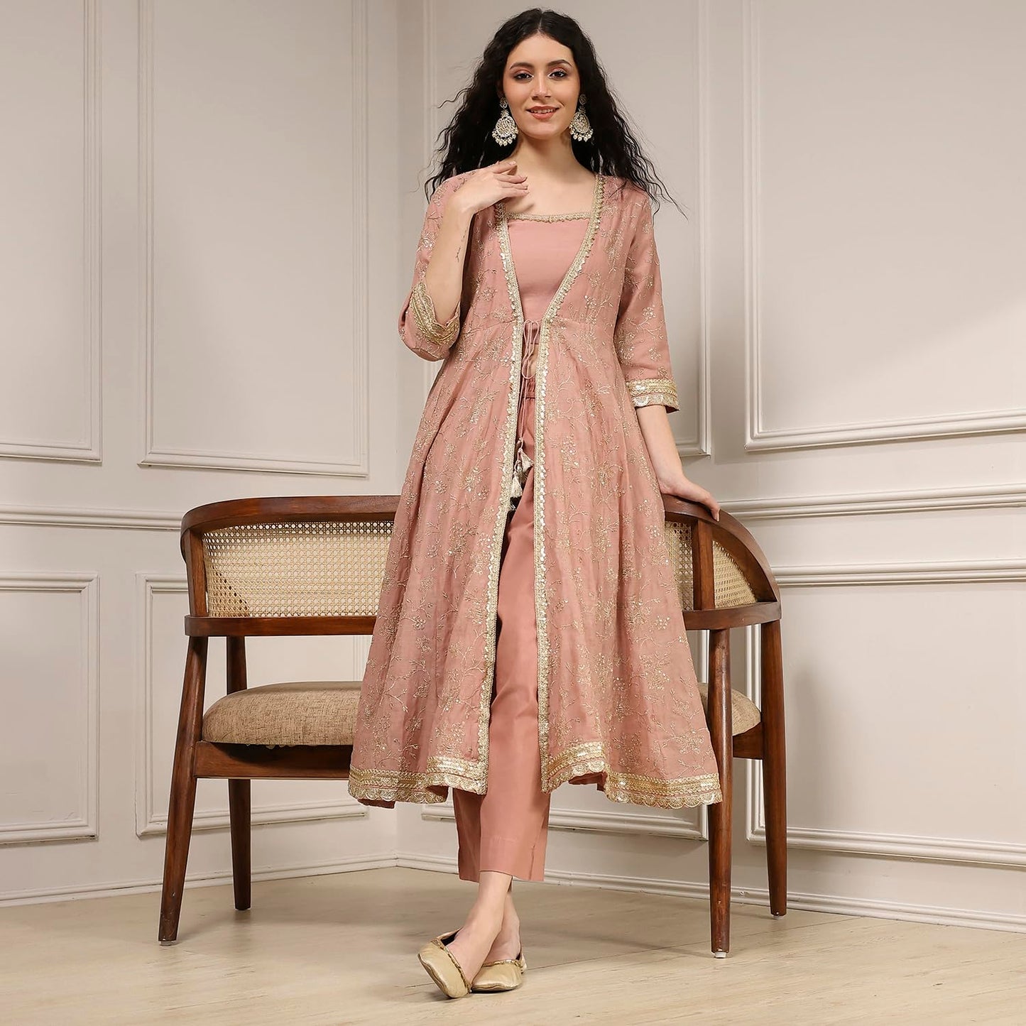 Biba Women's Old Rose Chanderi Anarkali Dyed Fusion Set