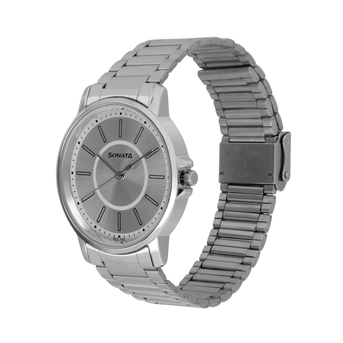Sonata Quartz Analog Silver Dial Stainless Steel Strap Watch for Men-NS77083SM03