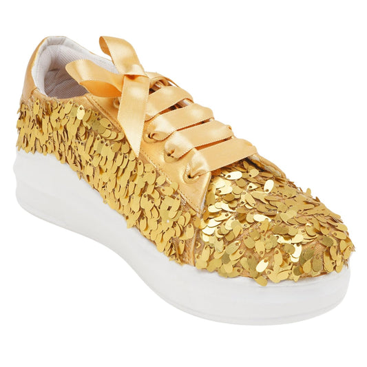 THE QUIRKY NAARI Golden Hour Sequin Sneakers Adorned with Style and Sparkle | Golden | 6 UK