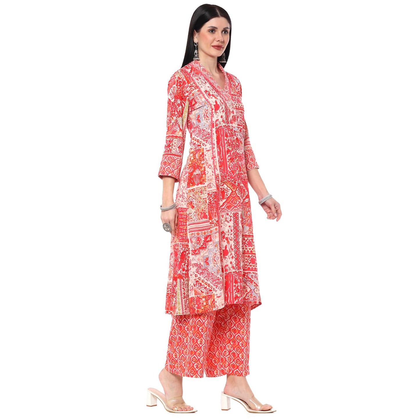 BIBA Women PRINTED STRAIGHT KURTA MIX AND MATCH(SANGANER PATCHWORK2370_FUSCHIA PINK_36)