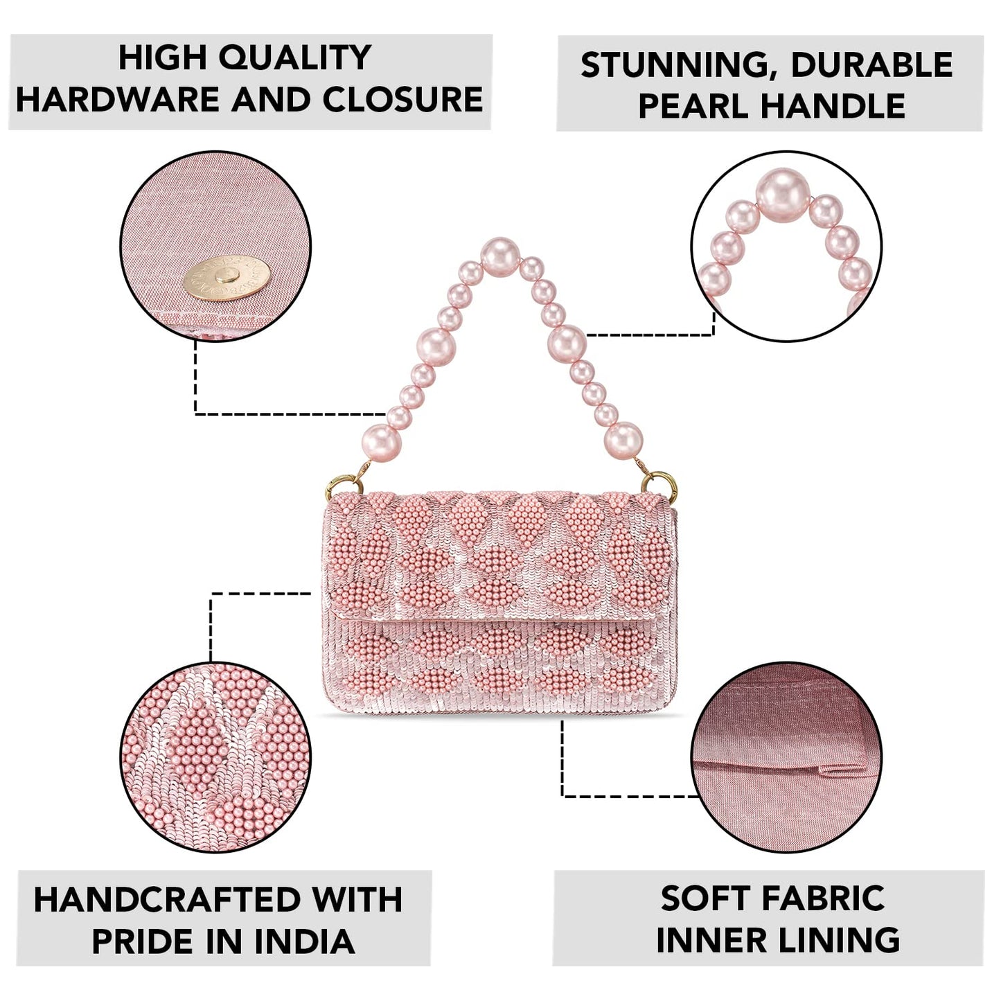 Peora Pink Clutch Purses for Women Wedding Handmade Evening Handbags Party Bridal Clutch (C54PK)