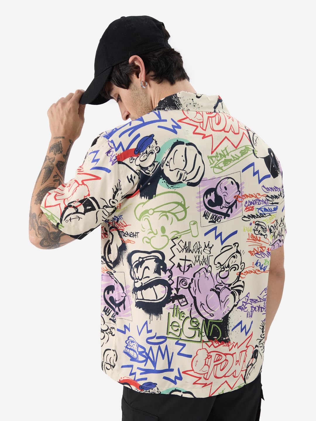 The Souled Store Official Popeye: Graffiti Men and Boys Short Sleeves Collared Neck Button Front Multicolor All Over Printed Rayon Holiday Shirts