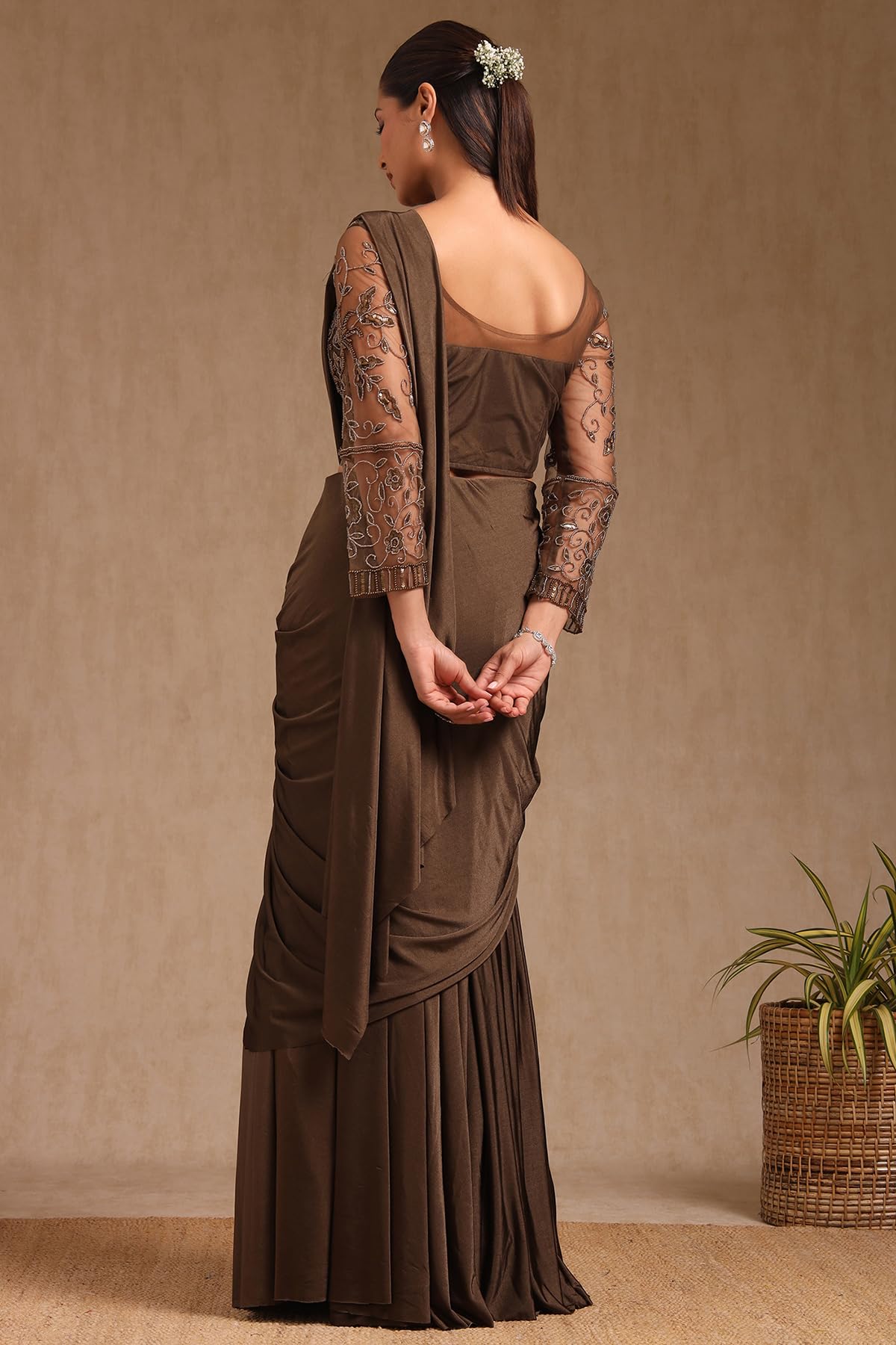 Soch Womens Nylon Blend Solid Ready To Wear Saree With Sequins