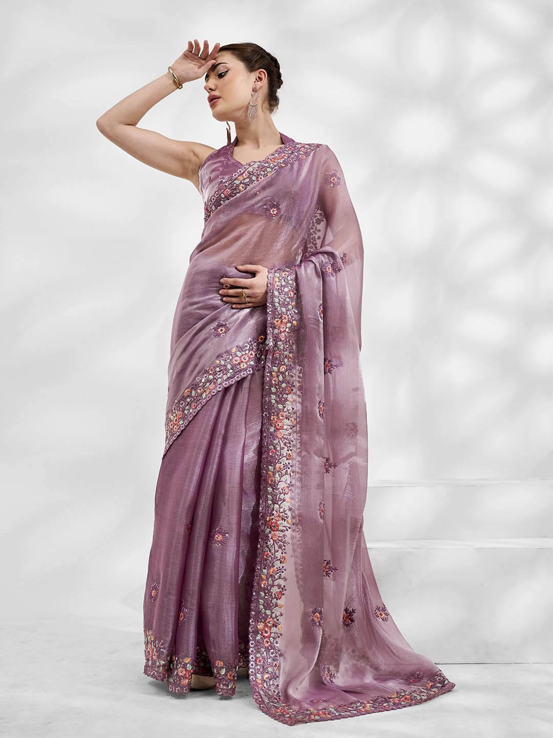 ORHANS Women's Tissu Thread Embroidered Work Saree With Art Silk Matching Unstitched Blouse Piece