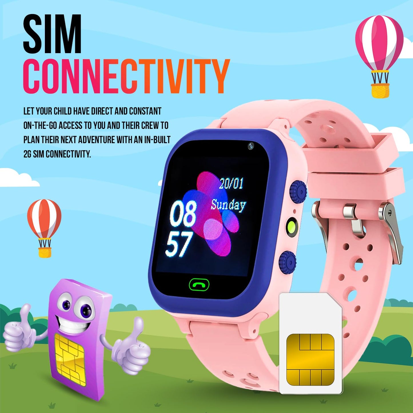 PunnkFunnk Kids Smart Watch 1.44" TFT Display, 4G Sim Card Phone with Long-Lasting Voice Call, Kids GPS, Music Player, Alarm Clock, Games, & IP67 Waterproof(Pink)(Made by MELBON)