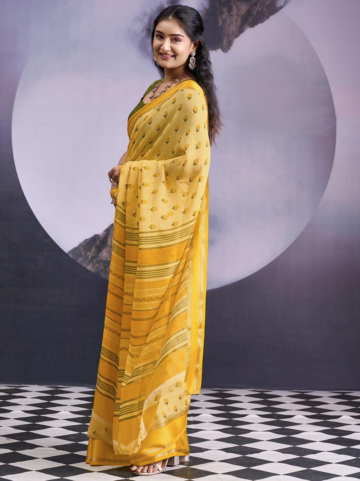 SIRIL Women's Georgette Jacquard Floral Printed Saree with Unstitched Blouse Piece (5334S1331_Light Yellow)