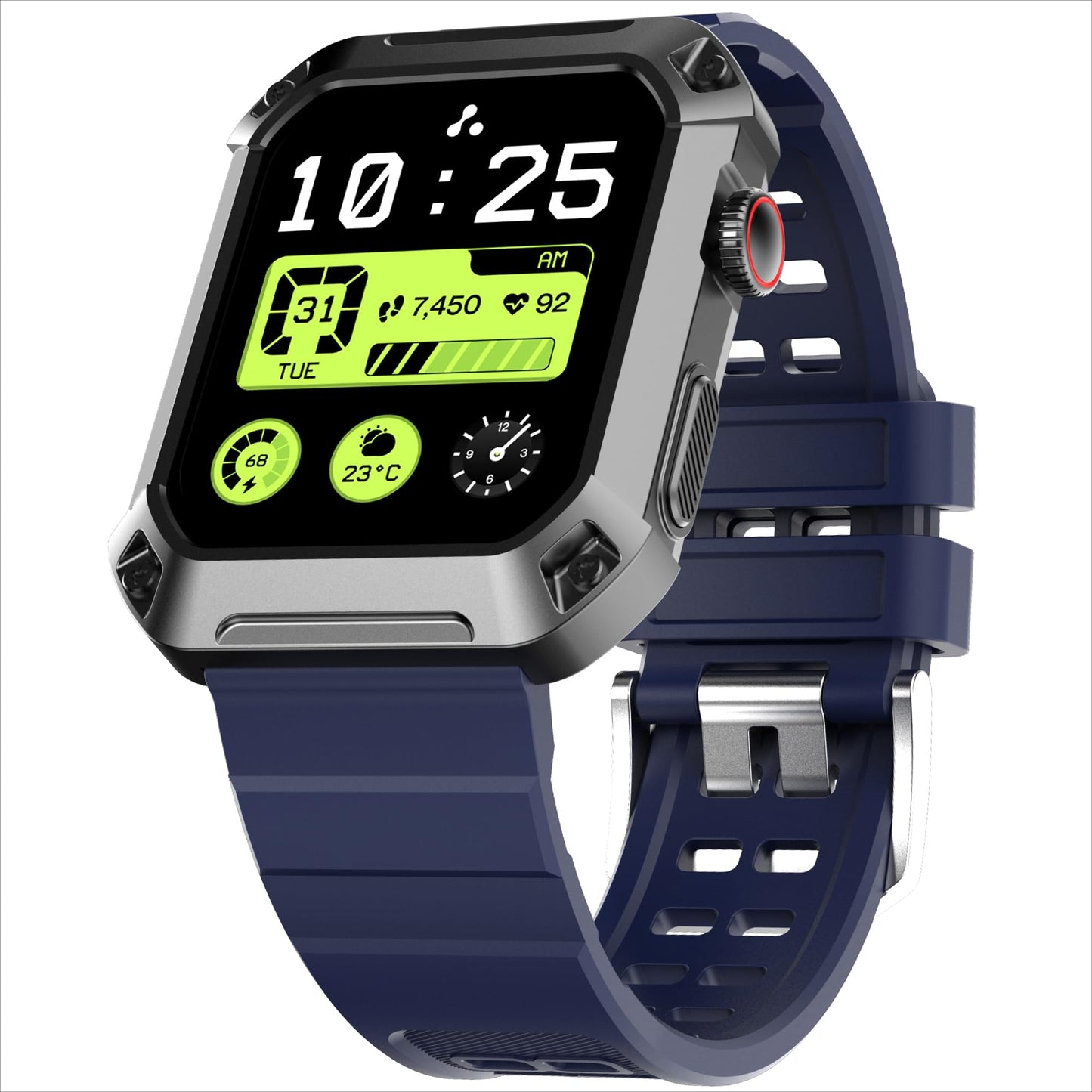 Ambrane 1.85" Uni Pair BT Calling Smartwatch, Rugged & Sporty Metal Body, 10 Days Battery, 500 NITS, 100+ Sports Mode with IP68, Sp02 Tracking, 100+ Watch Faces (Stud, Blue)