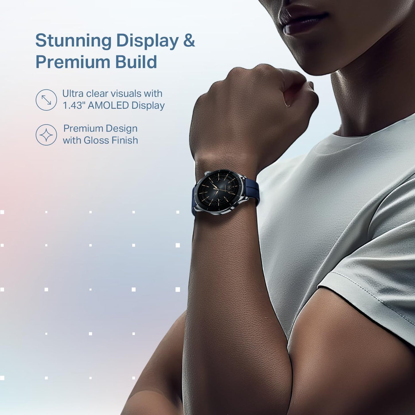 Boat Chrome Eon, 1.43” (3.63 cm) AMOLED Display, AI Coach Health Insights,Advanced S1 Processor,Auto Heart Rate, HRV,VO2 Max, Stress, TBT Navigation, IP68, Smart Watch for Men & Women (Sterling Blue)