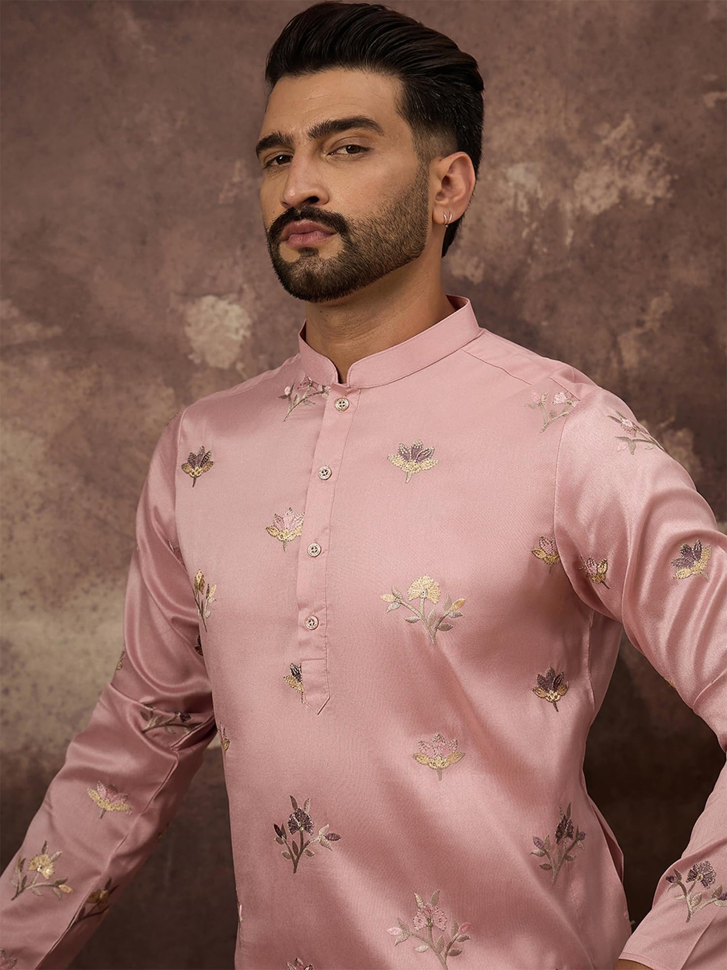 Ethnic Bay Men's Peach Silk Blend Solid Embroidered Calf Length Kurta's | Embroidered Kurta for Men | Straight Fit Kurtas for Mens (MKU1339, XL)