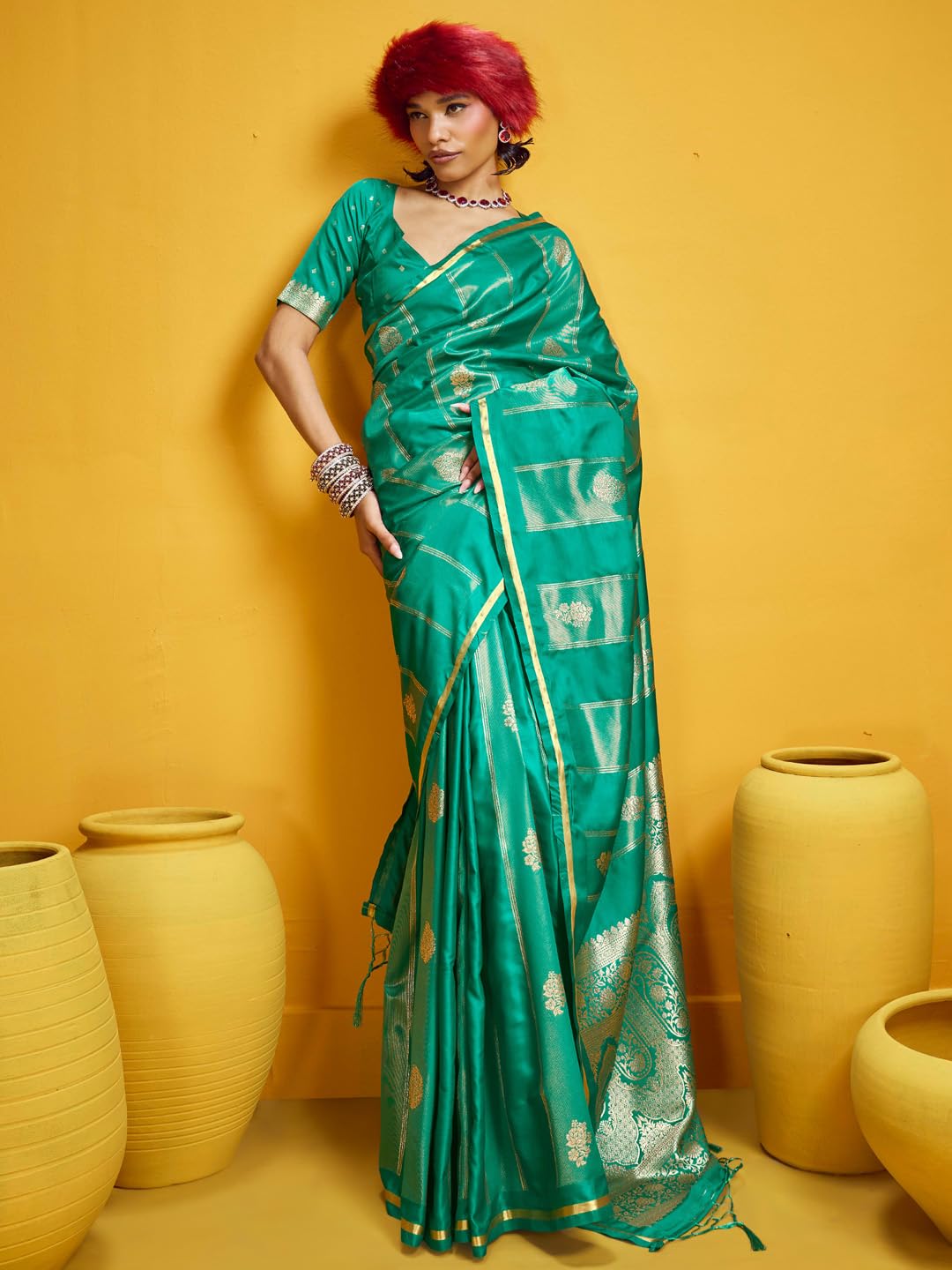 AKHILAM Women's Teal green Satin Ethnic Motif Print Tassels and Latkans Saree With Unstitched Blouse Piece | saree for woman | Designer Saree for Women