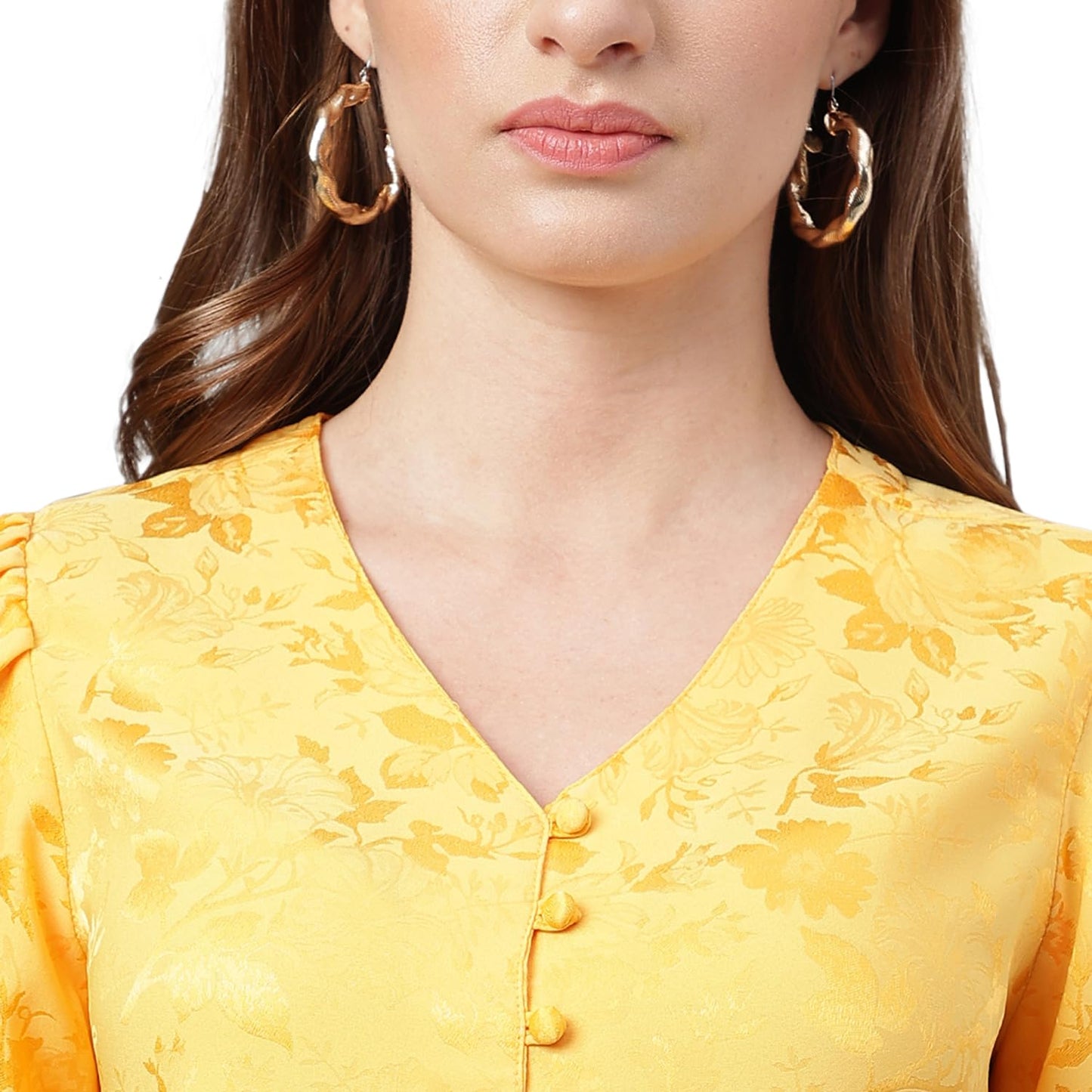 Latin Quarters Casual Puff Sleeves Women V-Neck Yellow Top_S