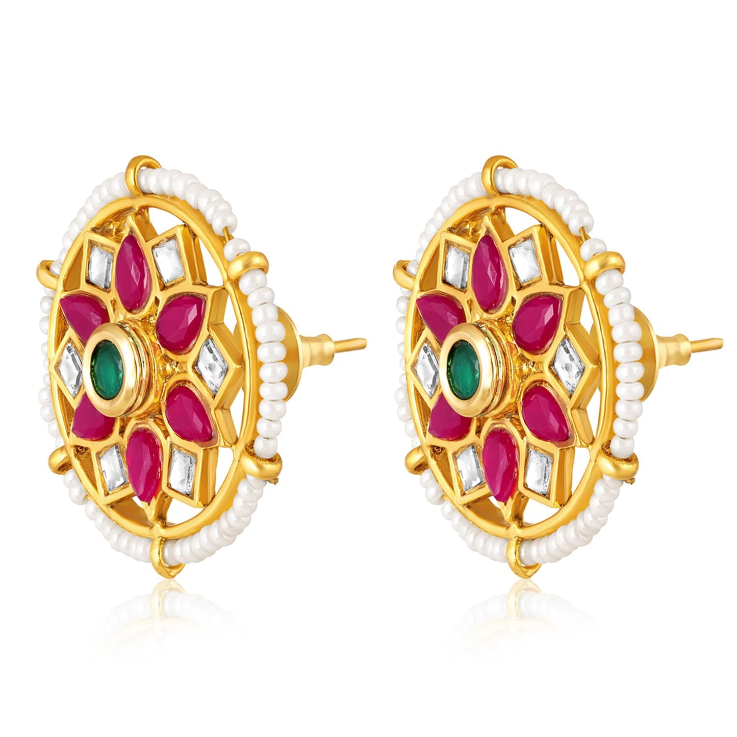 Peora Gold Plated Rani Pink Green Synthetic Stone & Beads Studded Stud Earrings Ethnic Jewellery for Women & Girls