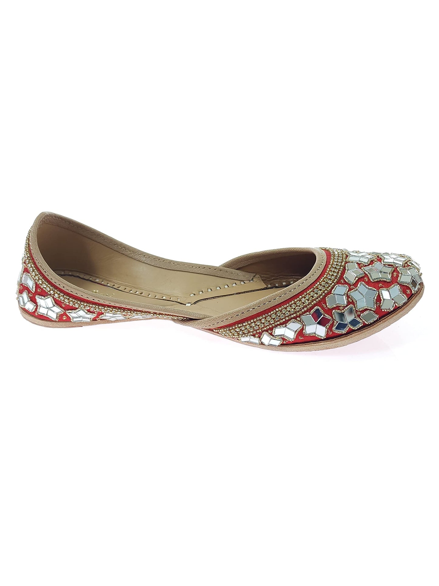 Fulkari Women's Mirror Flower Genuine Soft Leather Embroidered Jutis | Bite and Pinch Free Jutti | Punjabi Formal Juttis | Girl's Wedding Flat Ladies Mojari | Formal Ethnic Juti |