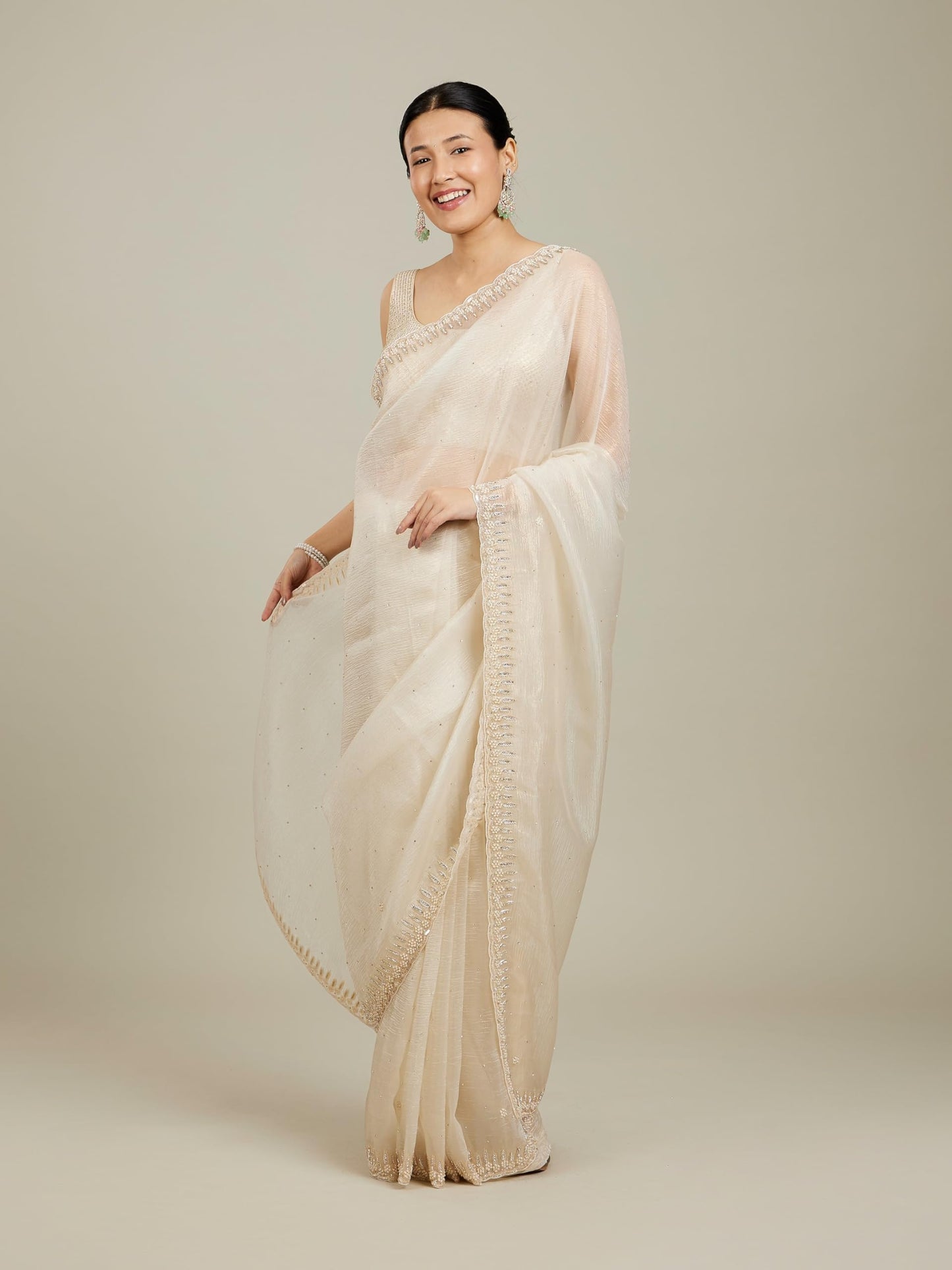 MOHEY Women's Chinon Hand Embroidered & Sequinned Saree(Cream)