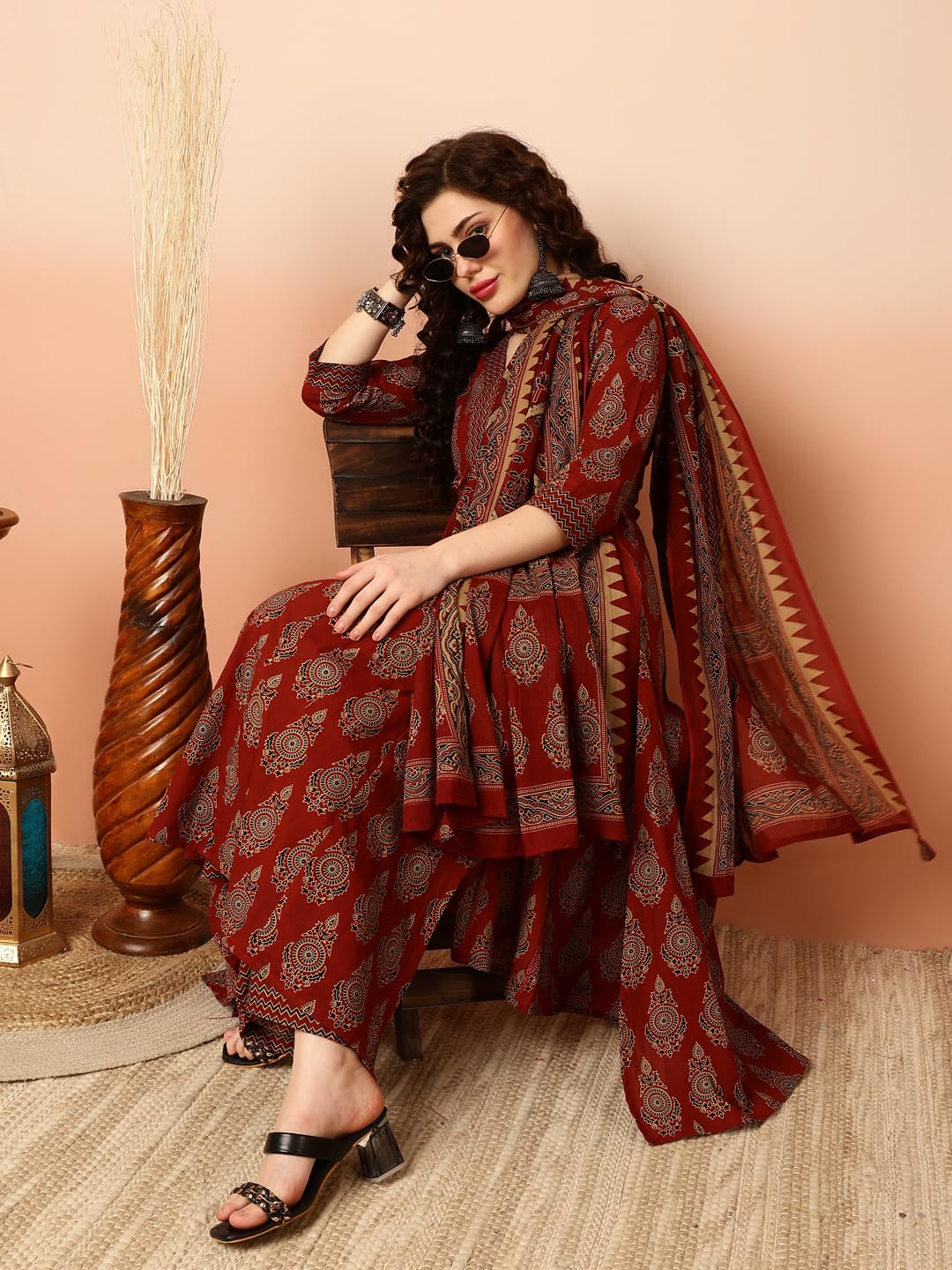 Kimayra Women's Semi-Flared Cotton Maroon V-Neck Kurta with Plazzos and Dupatta (AZ_KIM5173PC3MAROON