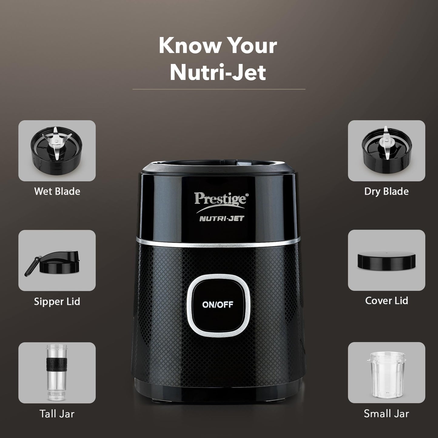 Prestige Nutri-Jet Mixer Grinder with 2 Jars| 450 Watts| Sipper Lid & Additional Cover Lid| ISI Certified| One-Touch Operation, Black