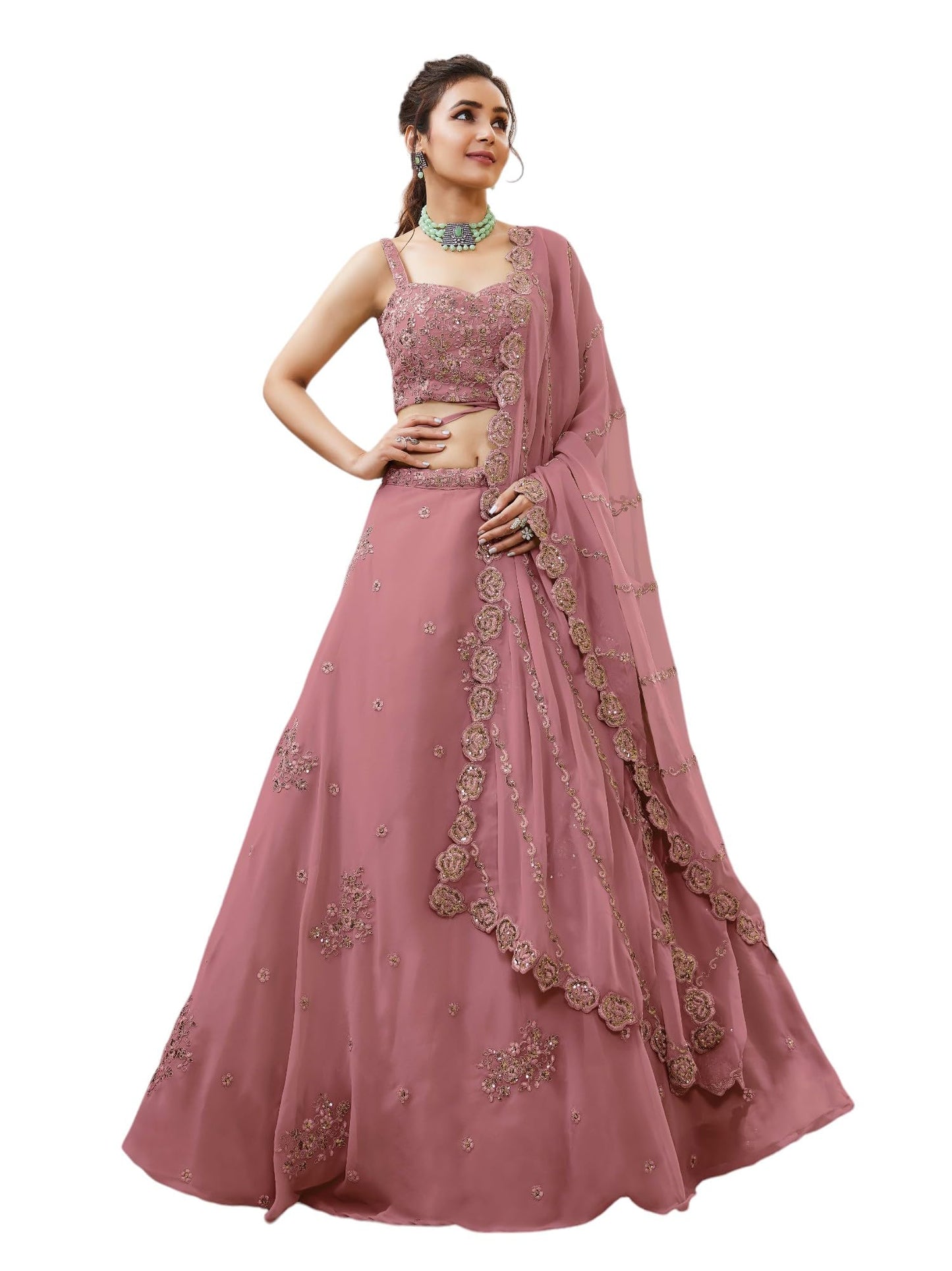 Zeel Clothing Women's Georgette Semi Stitched Lehenga Choli With Dupatta (7060-Peach-Wedding-Bridal-Stylish-Latest; Free Size)