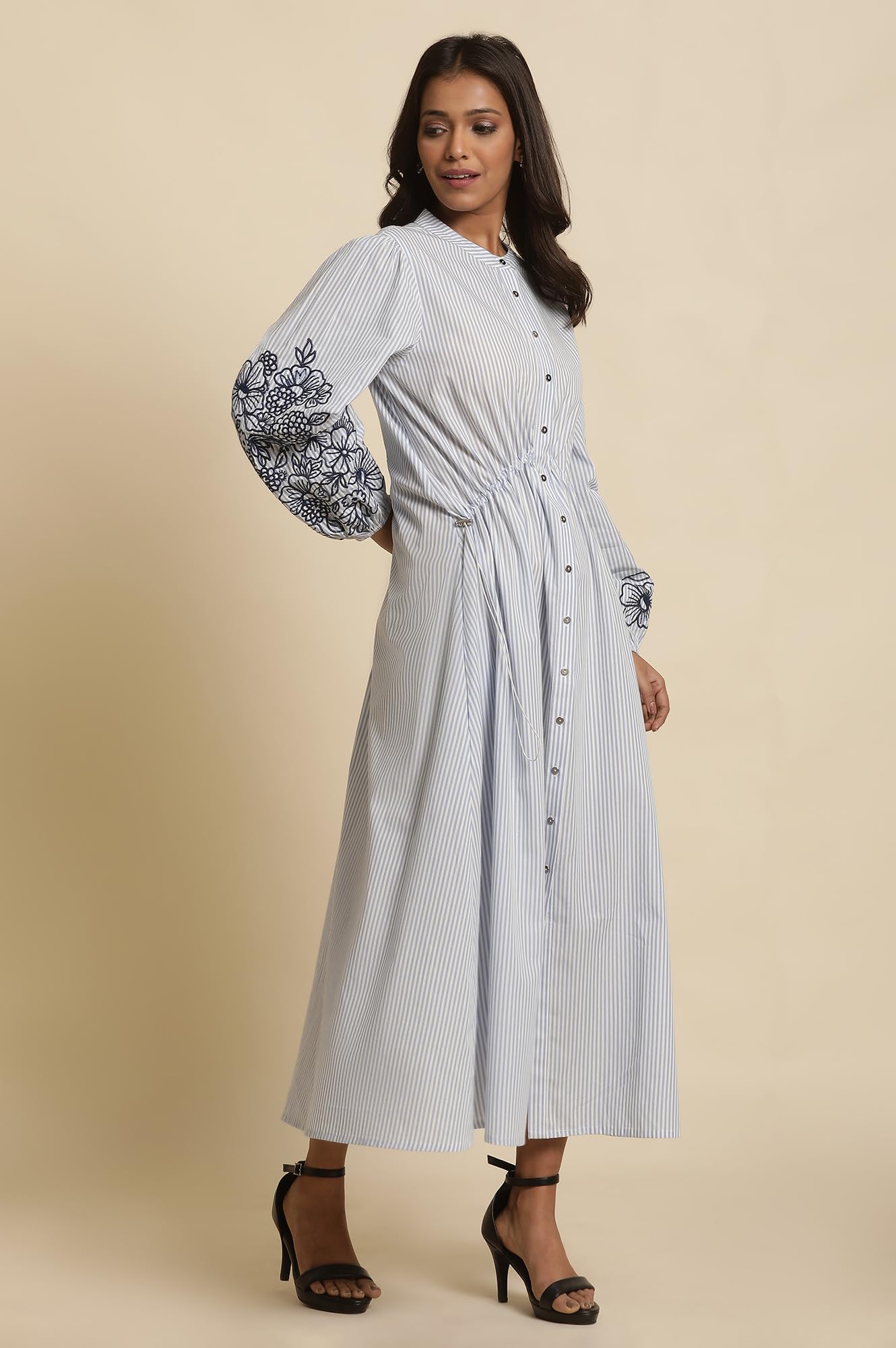 W Women White Striped Print Cotton A-Line Dress_24FEW10715-830329_M